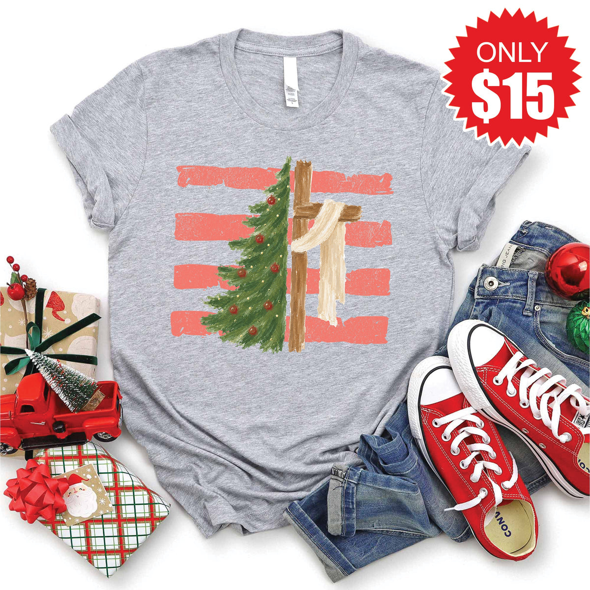 Cross and Christmas Tree Tee - Heather Grey - 15 product image 1