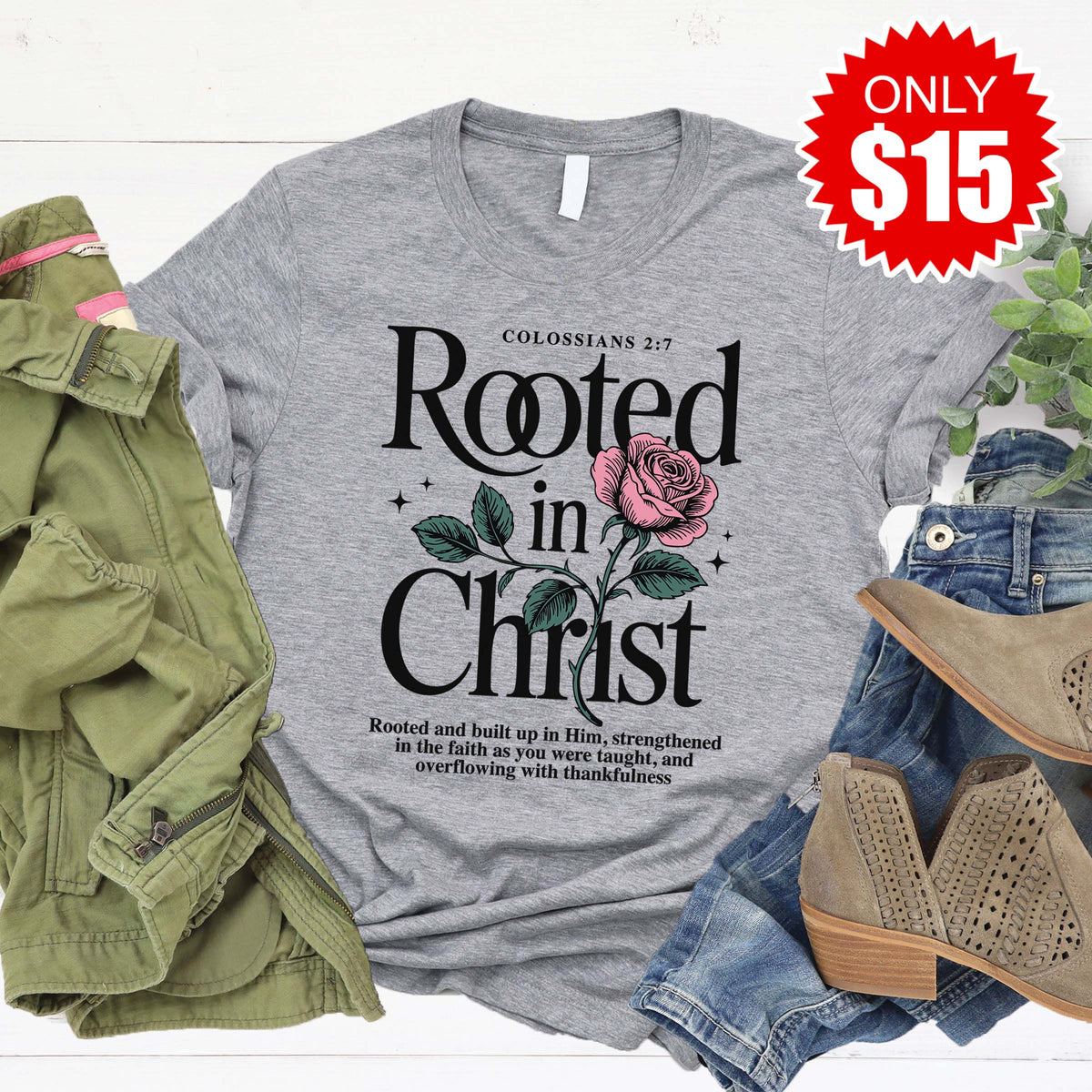 Rooted In Christ Tee - Heather Grey - 15 product image 1