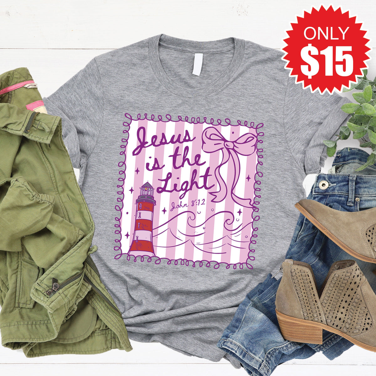 Jesus Is The Light Tee - Heather Grey - 15 product image 1