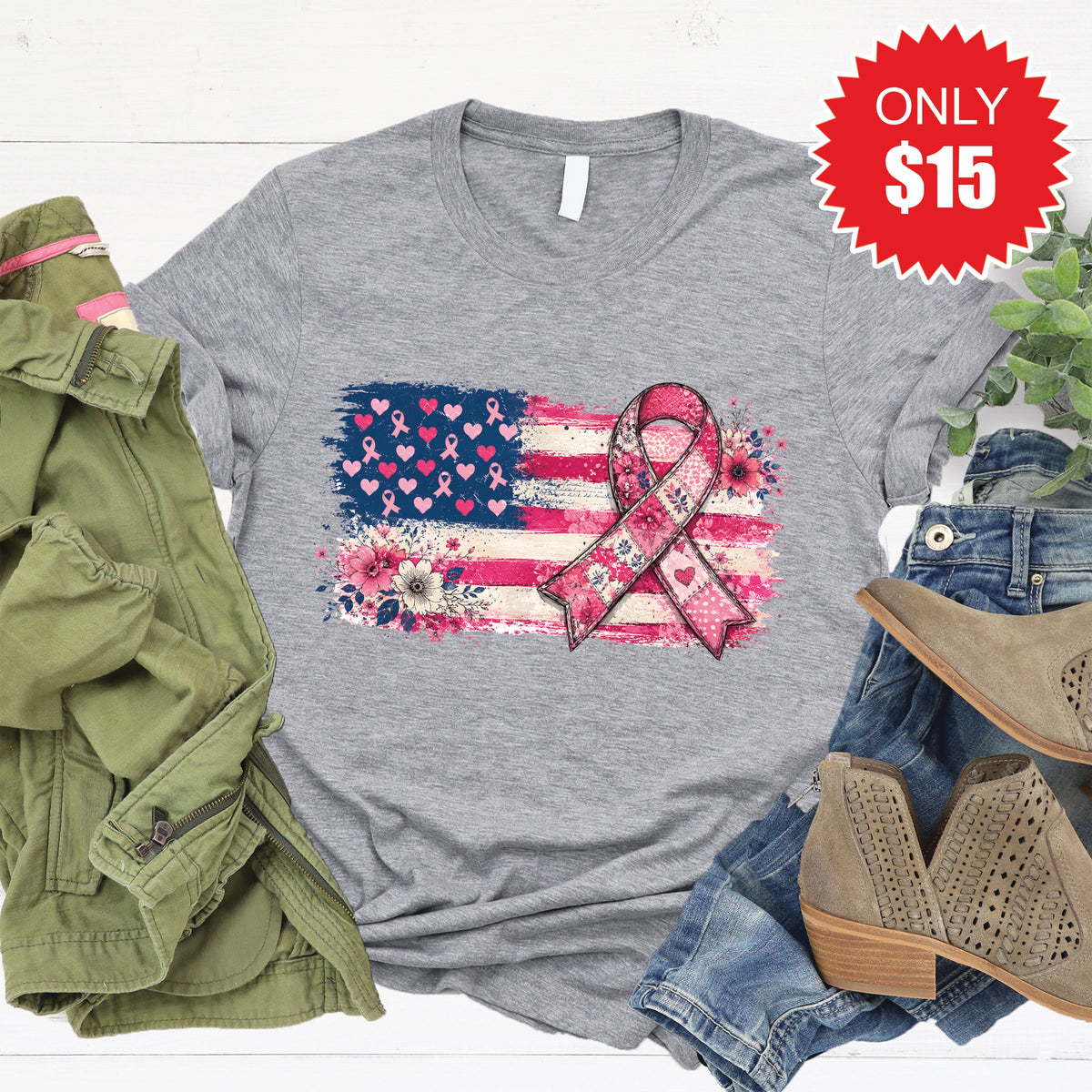 Pink Ribbon Tee - Heather Grey - 15 product image 1