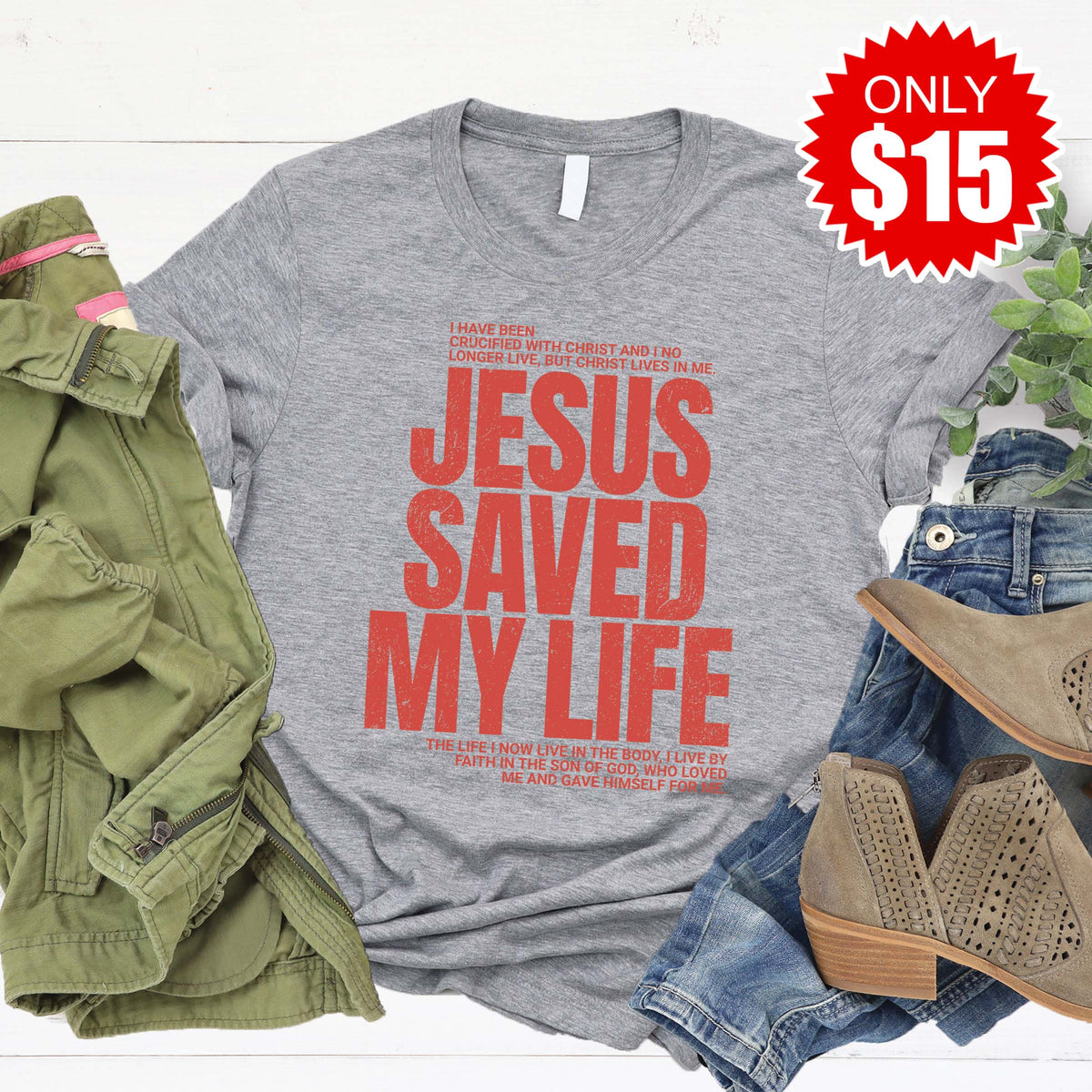 Jesus Saved My Life Tee - Heather Grey - 15