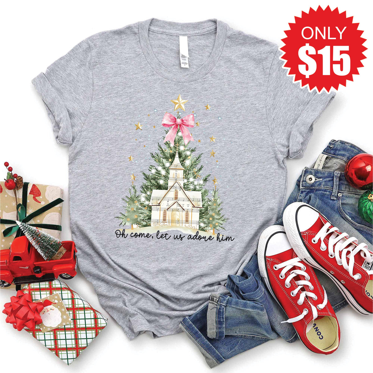 Adore Him Christmas Tree Tee - Heather Grey - 15 product image 1