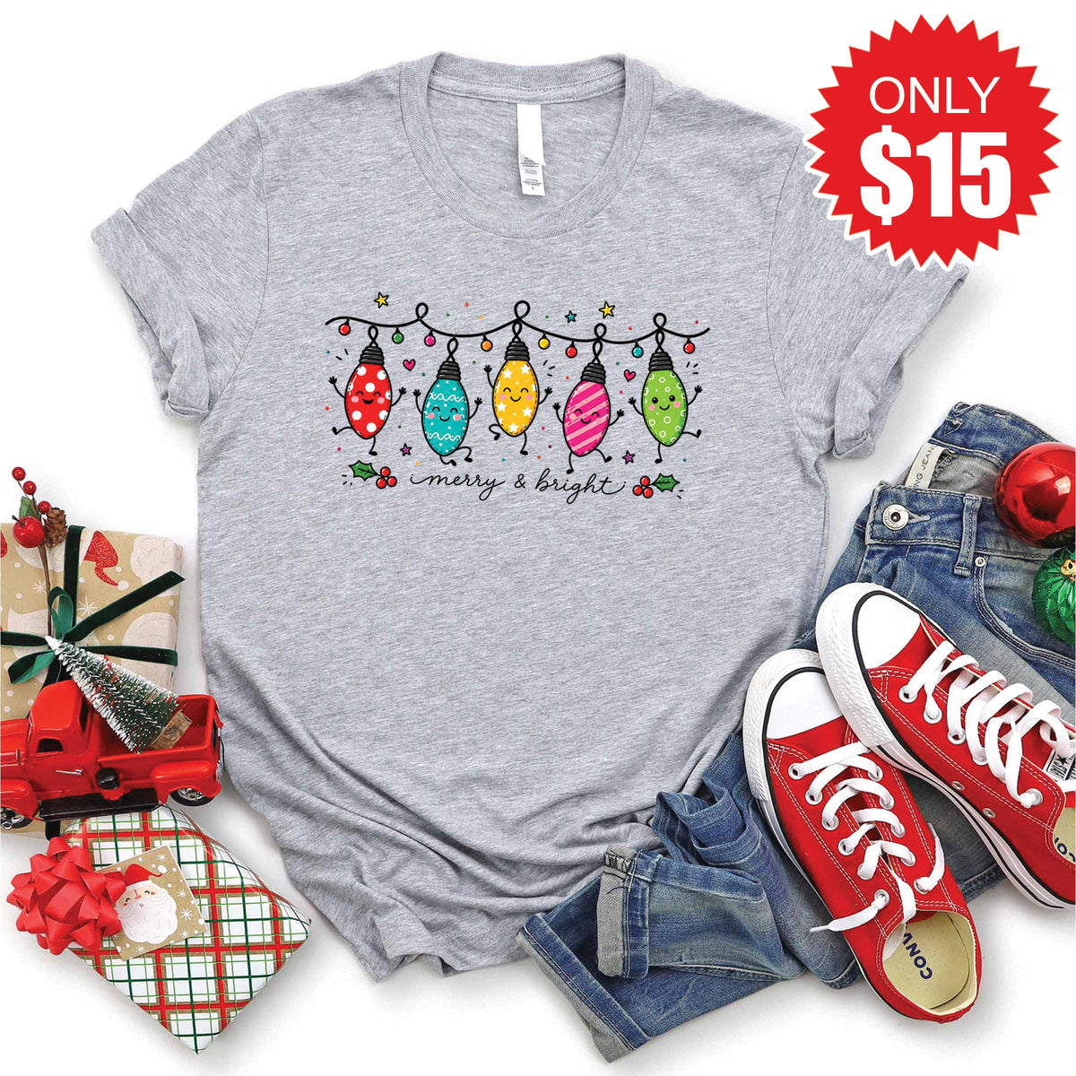 Merry and Bright Bulbs Tee - Heather Grey - 15 product image 1