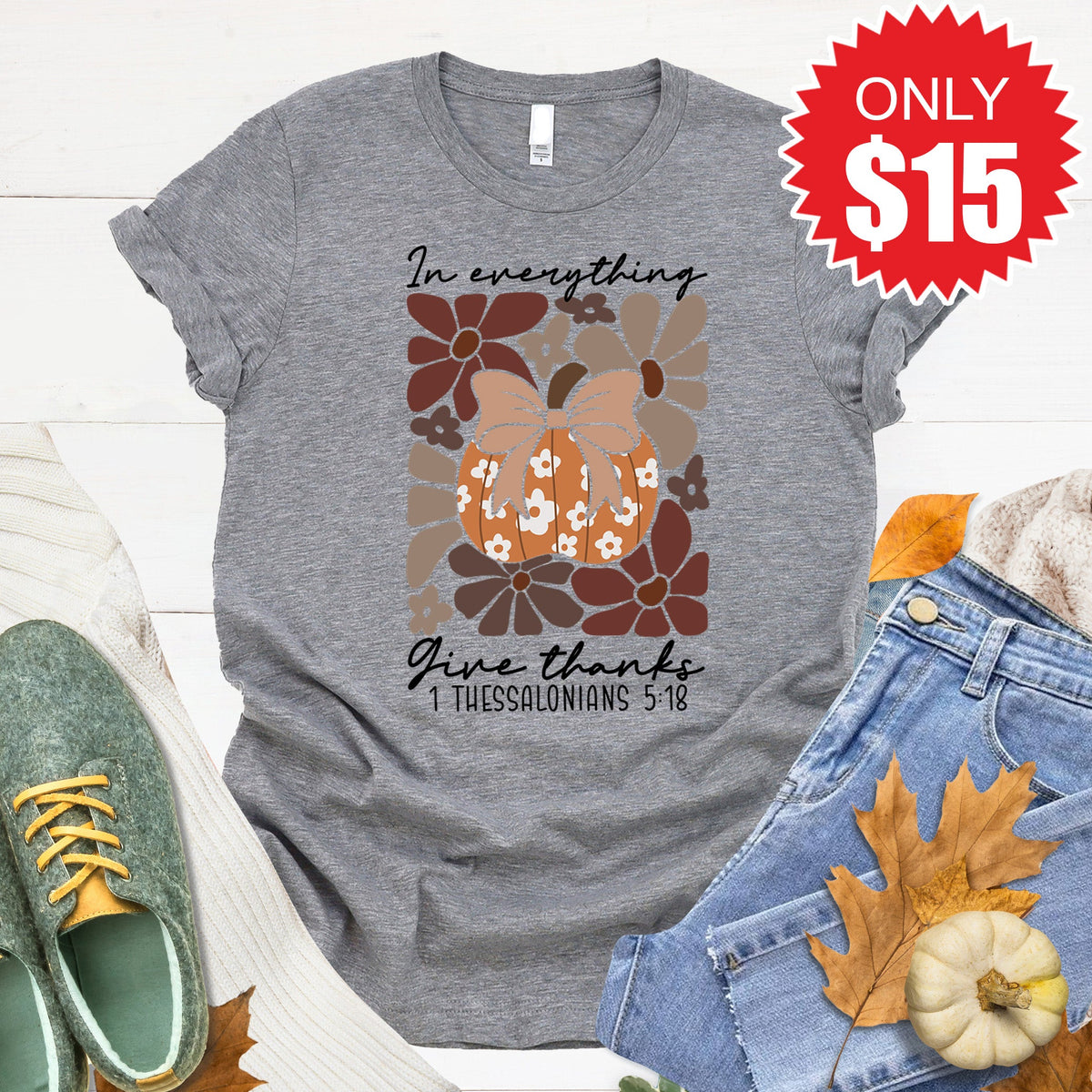 In Everything Give Thanks Tee - Heather Grey - 15 product image 1