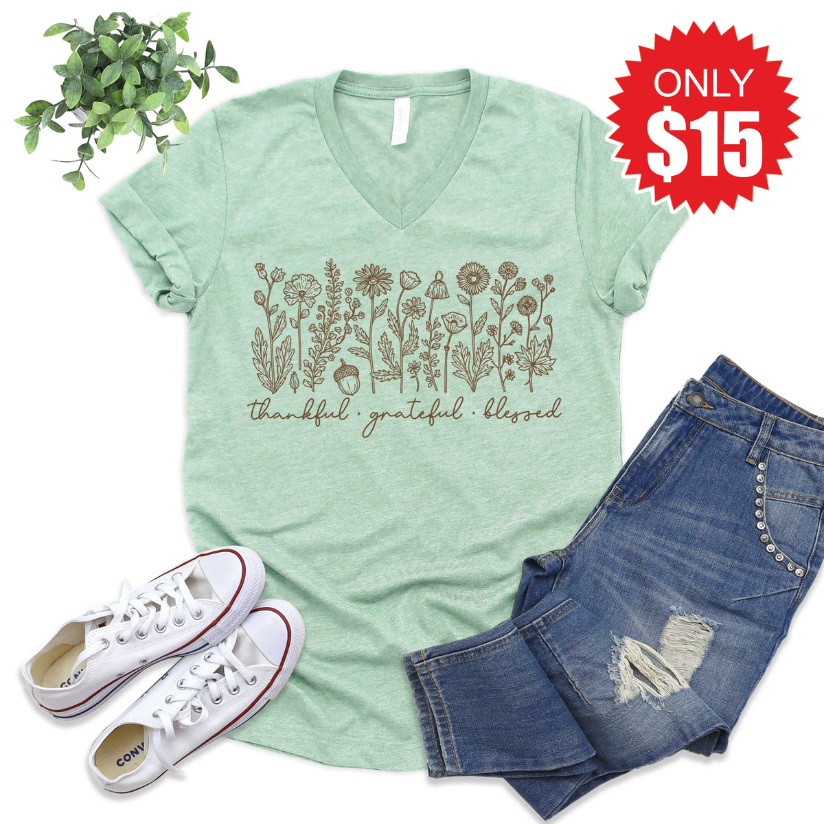 Thankful Grateful Blessed V-Neck - Heather Honeydew - 15