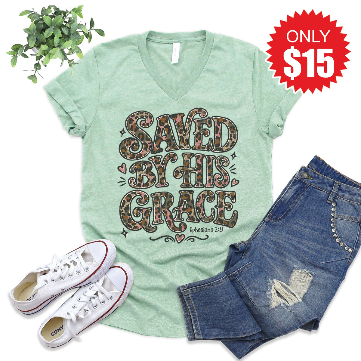 Saved by His Grace V-Neck - Heather Honeydew - 15