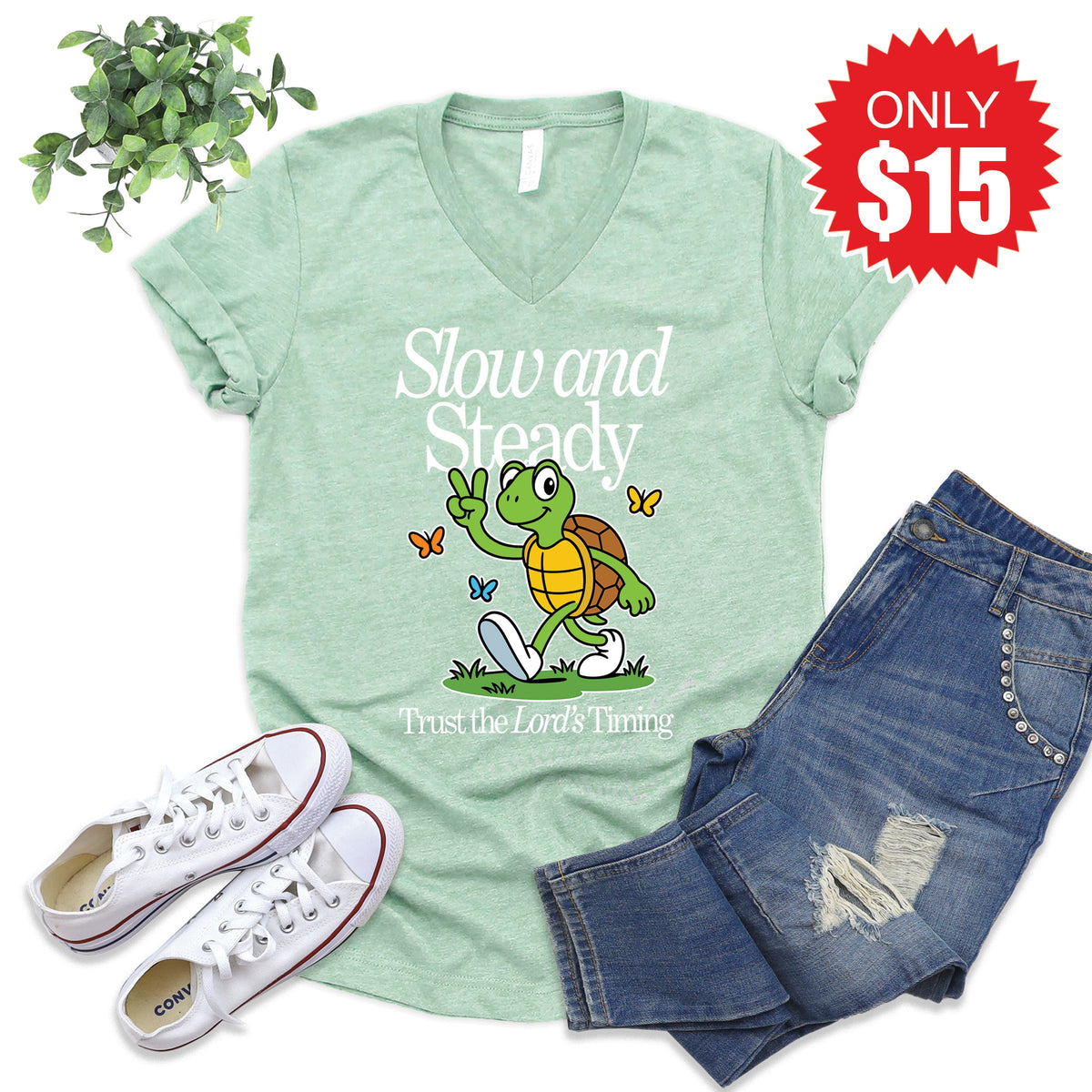Slow And Steady V-Neck - Heather Honeydew - 15