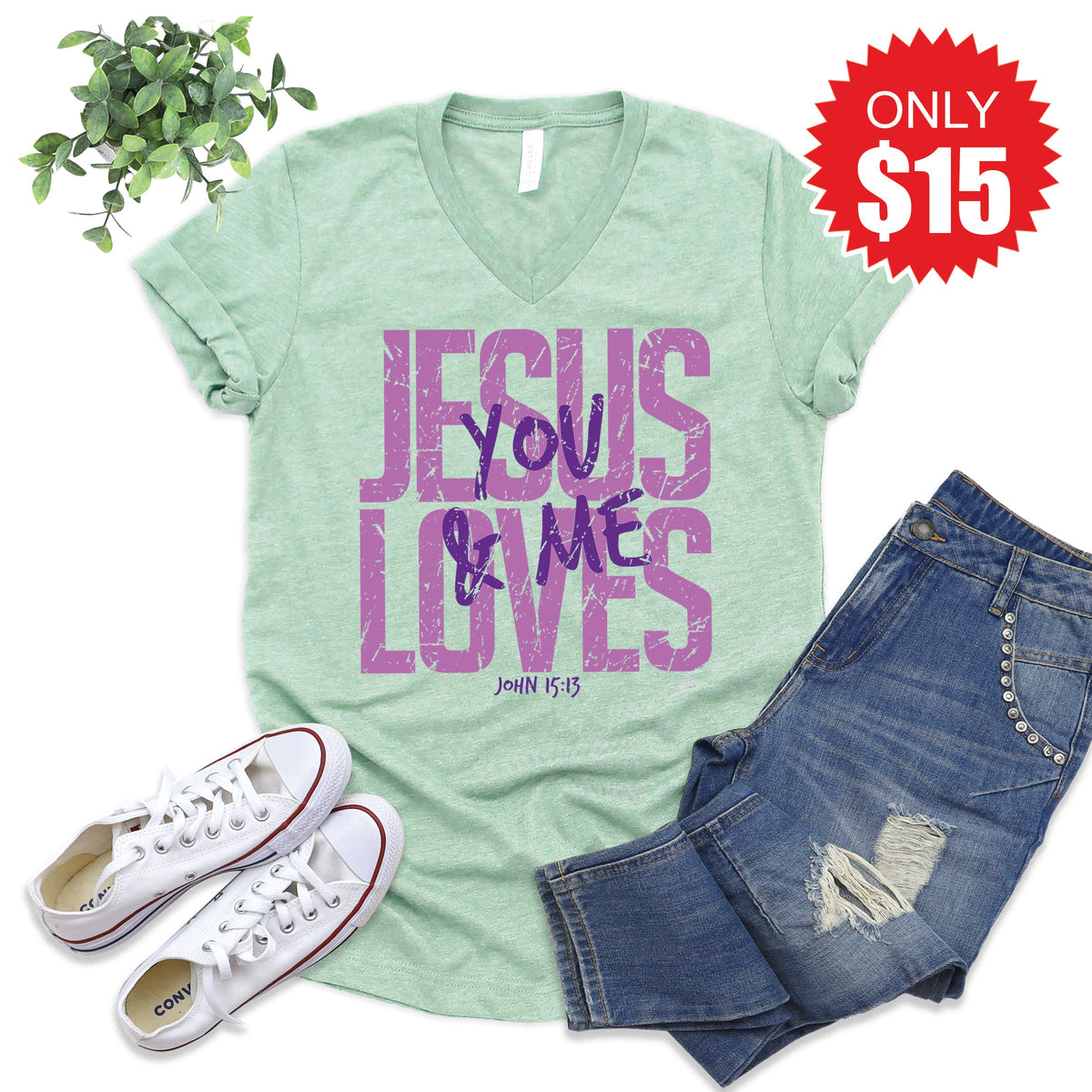Jesus Loves You And Me V-Neck - Heather Honeydew - 15