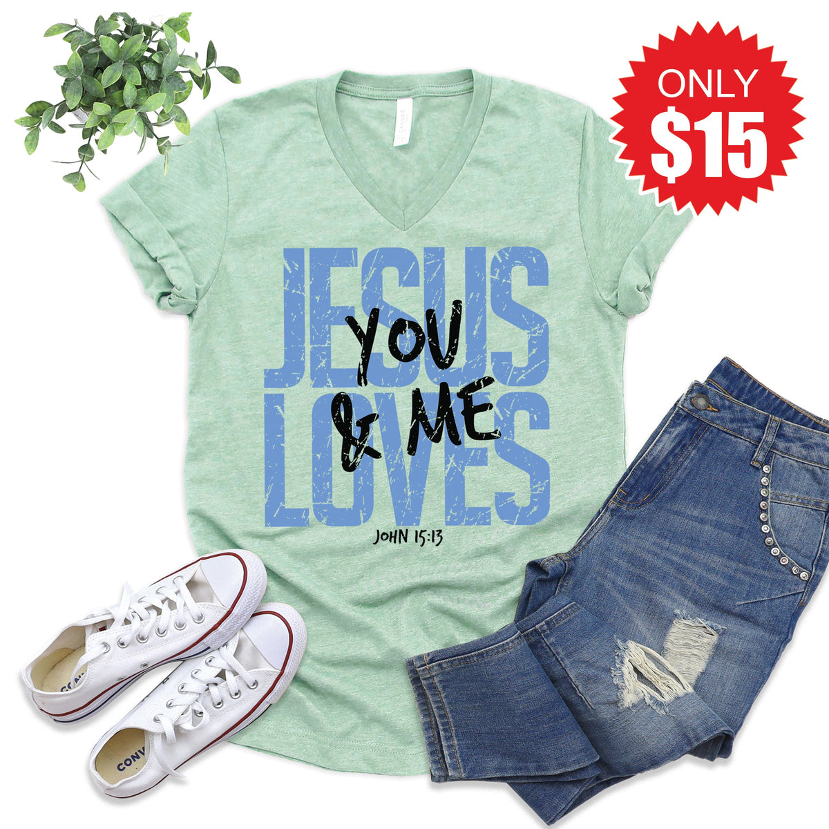 Jesus Loves You And Me V-Neck - Heather Honeydew - 15