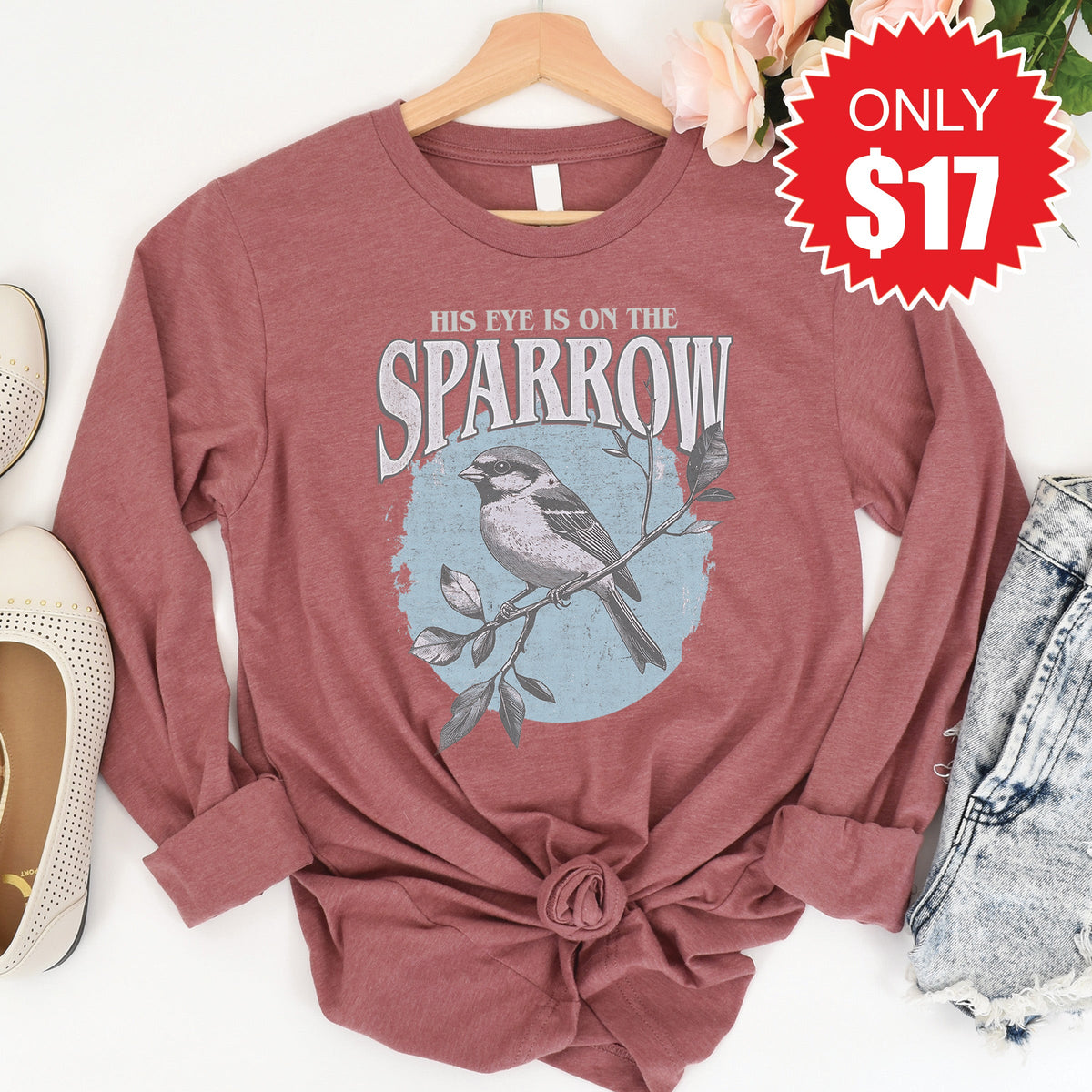 His Eye Is On The Sparrow Long Sleeve - Heather Mauve - 17 product image 1