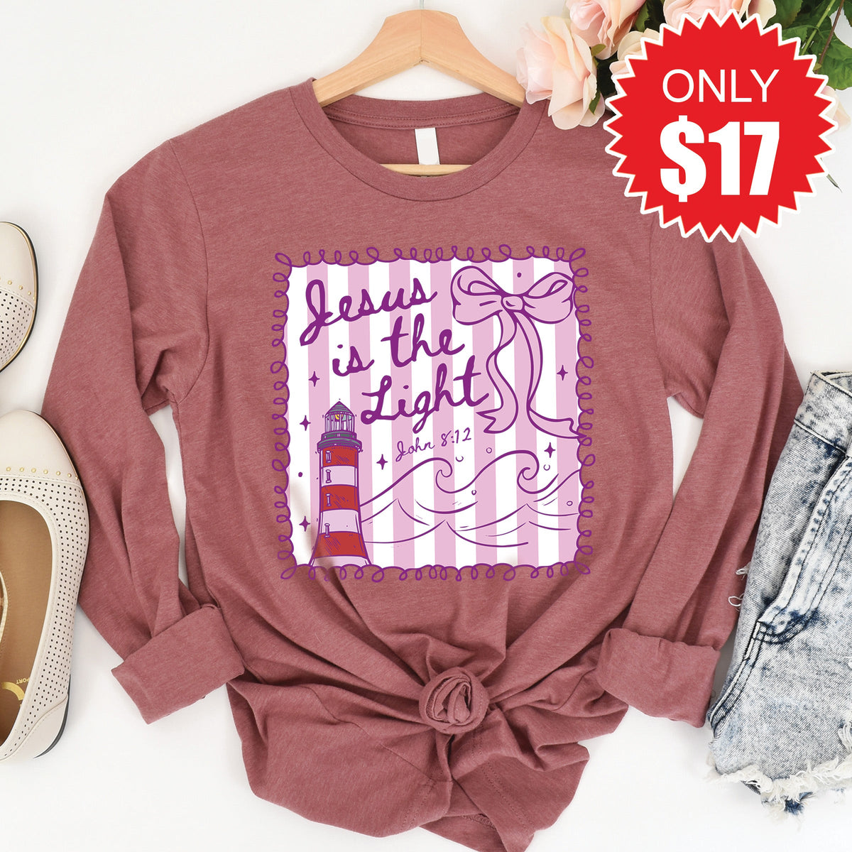 Jesus Is The Light Long Sleeve - Heather Mauve - 17 product image 1