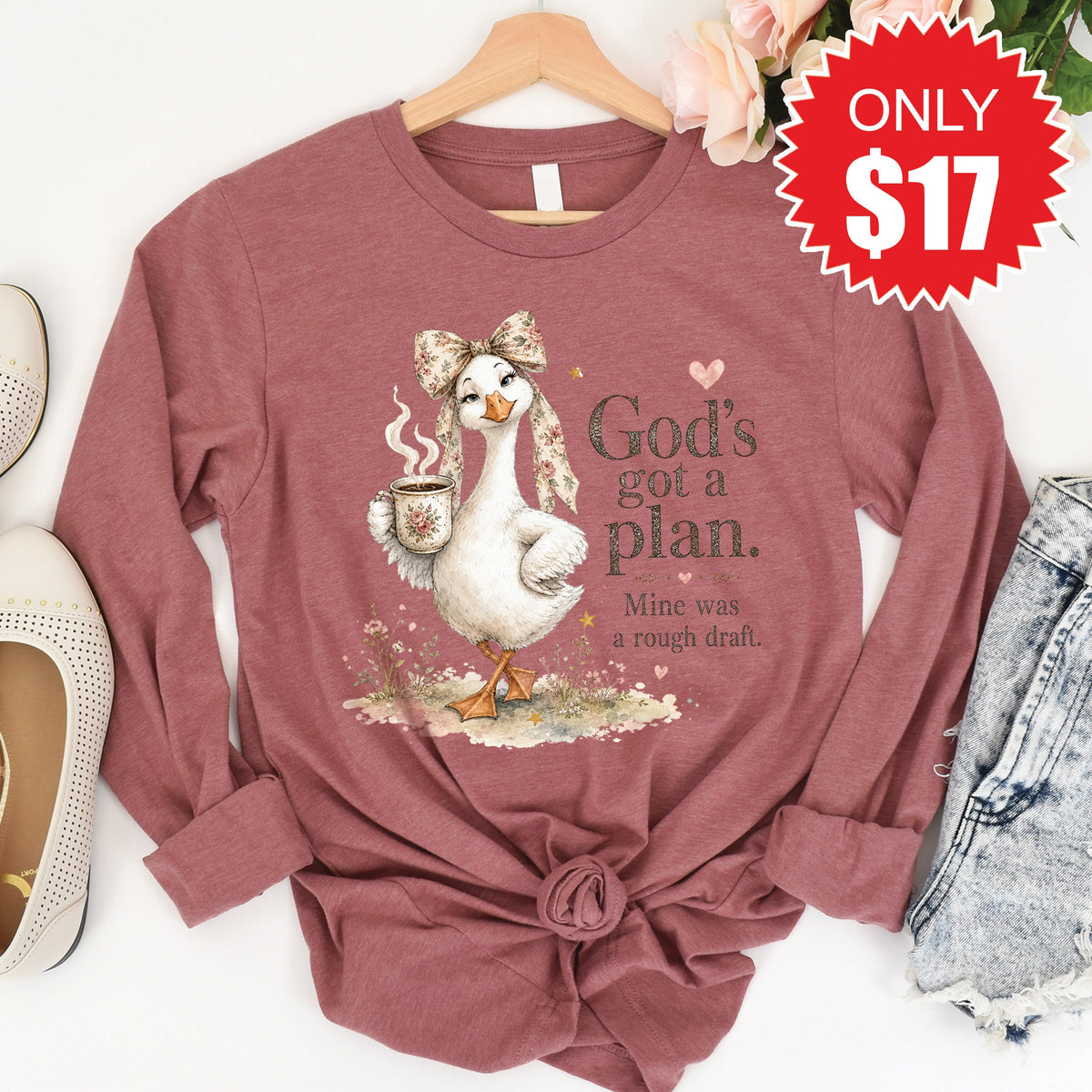 God's Got A Plan Long Sleeve - Heather Mauve - 17 product image 1