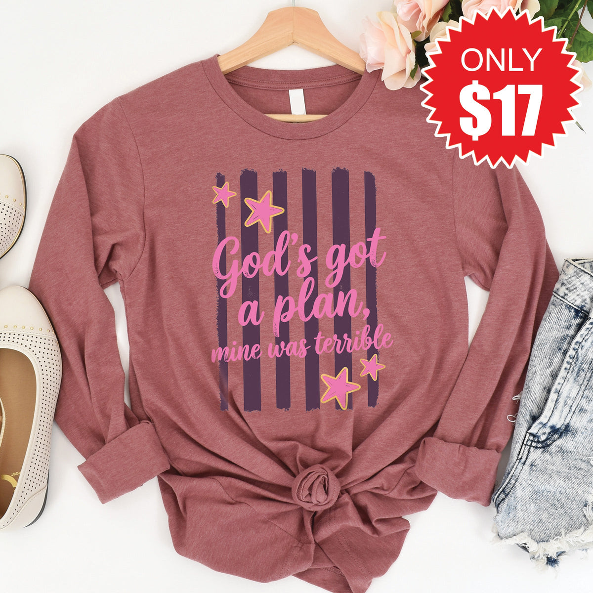 God's Got A Plan Long Sleeve - Heather Mauve - 17 product image 1