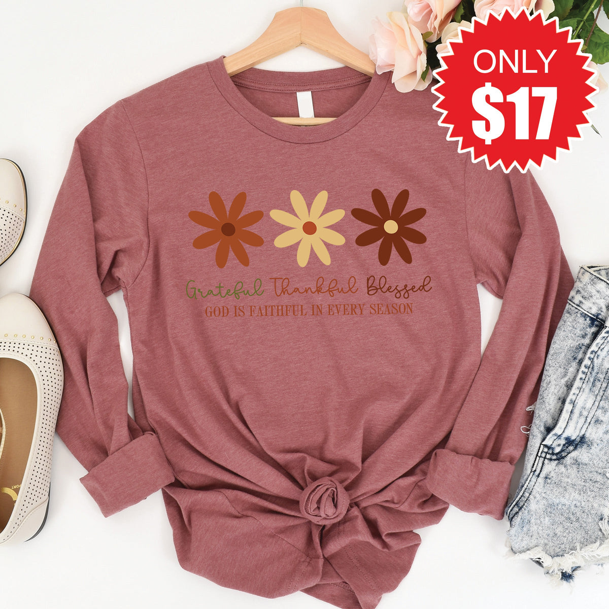 Grateful Thankful Blessed Flowers Long Sleeve - Heather product image 1