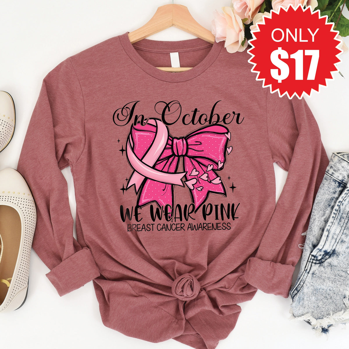 We Wear Pink Bow Long Sleeve - Heather Mauve - 17 product image 1