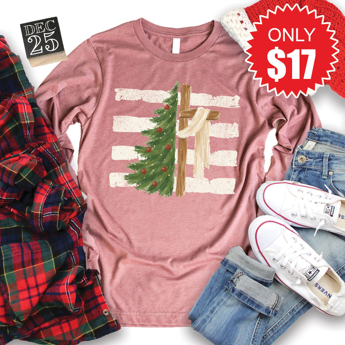 Cross and Christmas Tree Long Sleeve - Heather Mauve - 17 product image 1