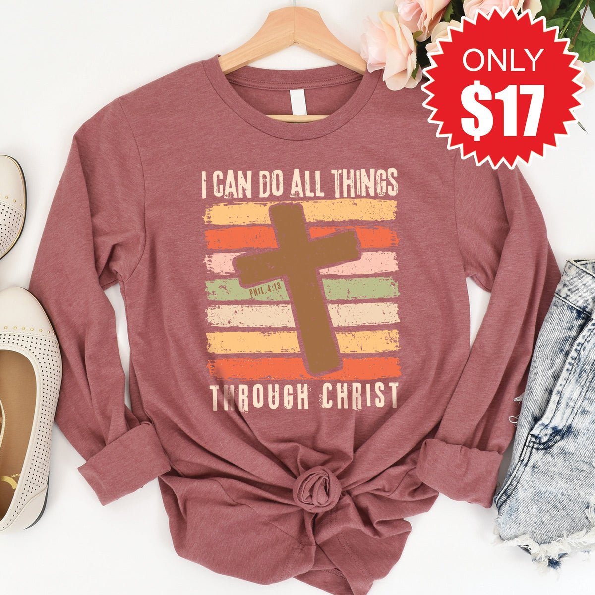 Philippians 4:13 Cross Long Sleeve - Heather Mauve - 17 product image 1