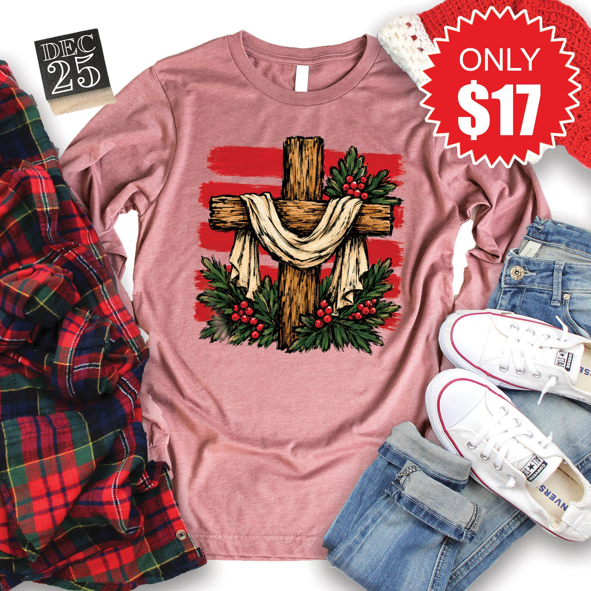 Christmas Cross Long Sleeve - Heather Mauve - 17 product image 1