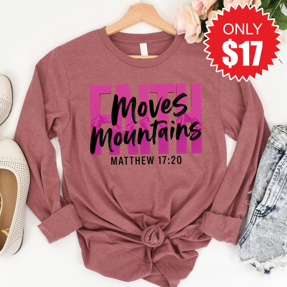 Faith Moves Mountains Long Sleeve - Heather Mauve - 17 product image 1