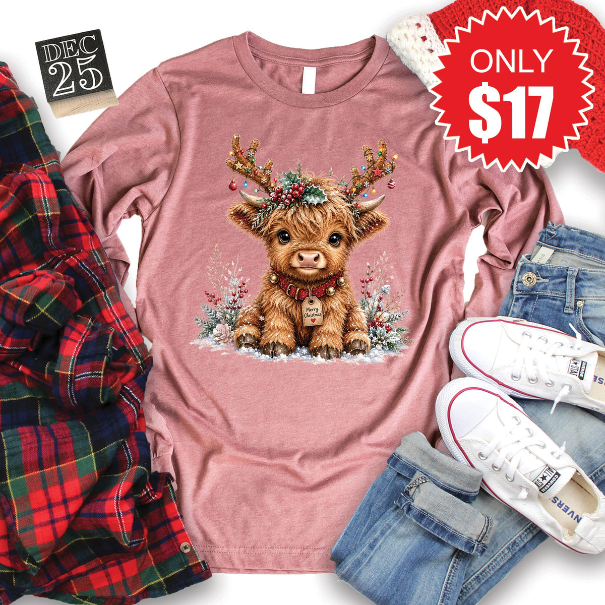 Christmas Cow Long Sleeve - Heather Mauve - 17 product image 1