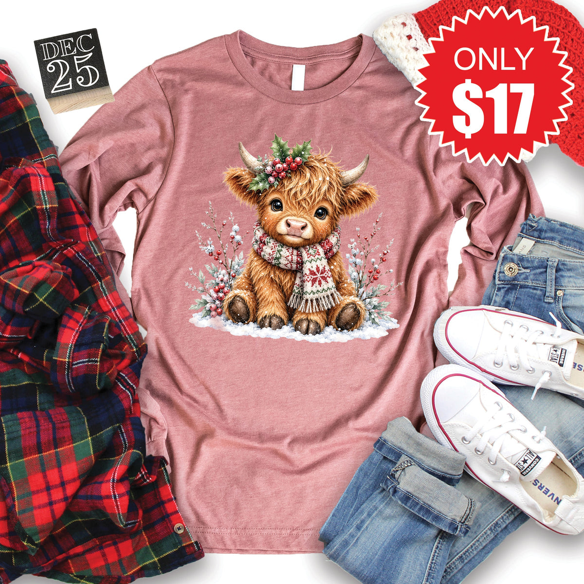 Christmas Cow Long Sleeve - Heather Mauve - 17 product image 1