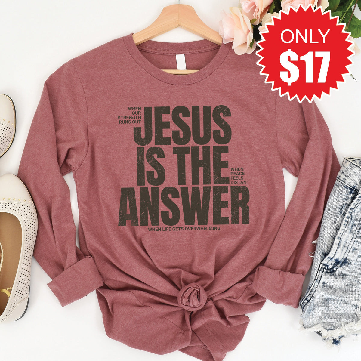 Jesus Is The Answer Long Sleeve - Heather Mauve - 17 product image 1
