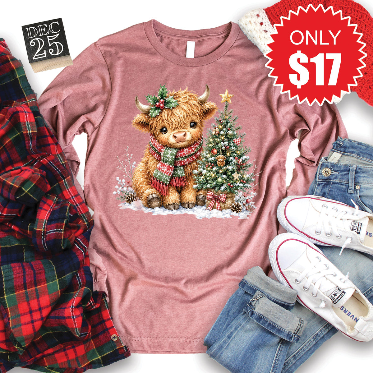 Christmas Cow Long Sleeve - Heather Mauve - 17 product image 1