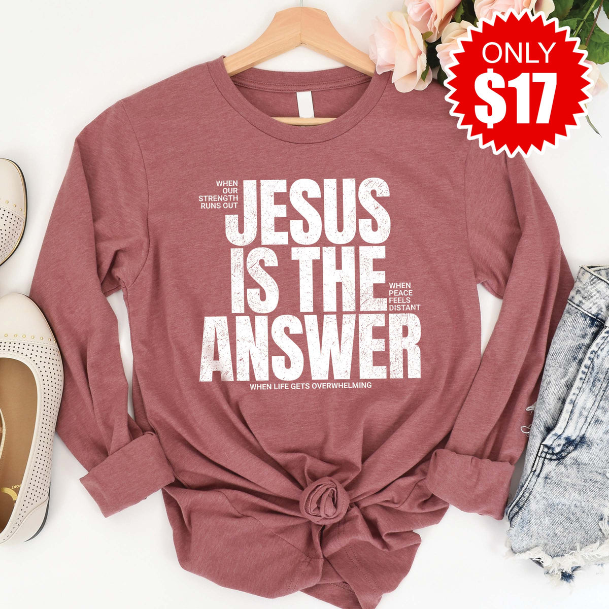 Jesus Is The Answer Long Sleeve - Heather Mauve - 17 product image 1