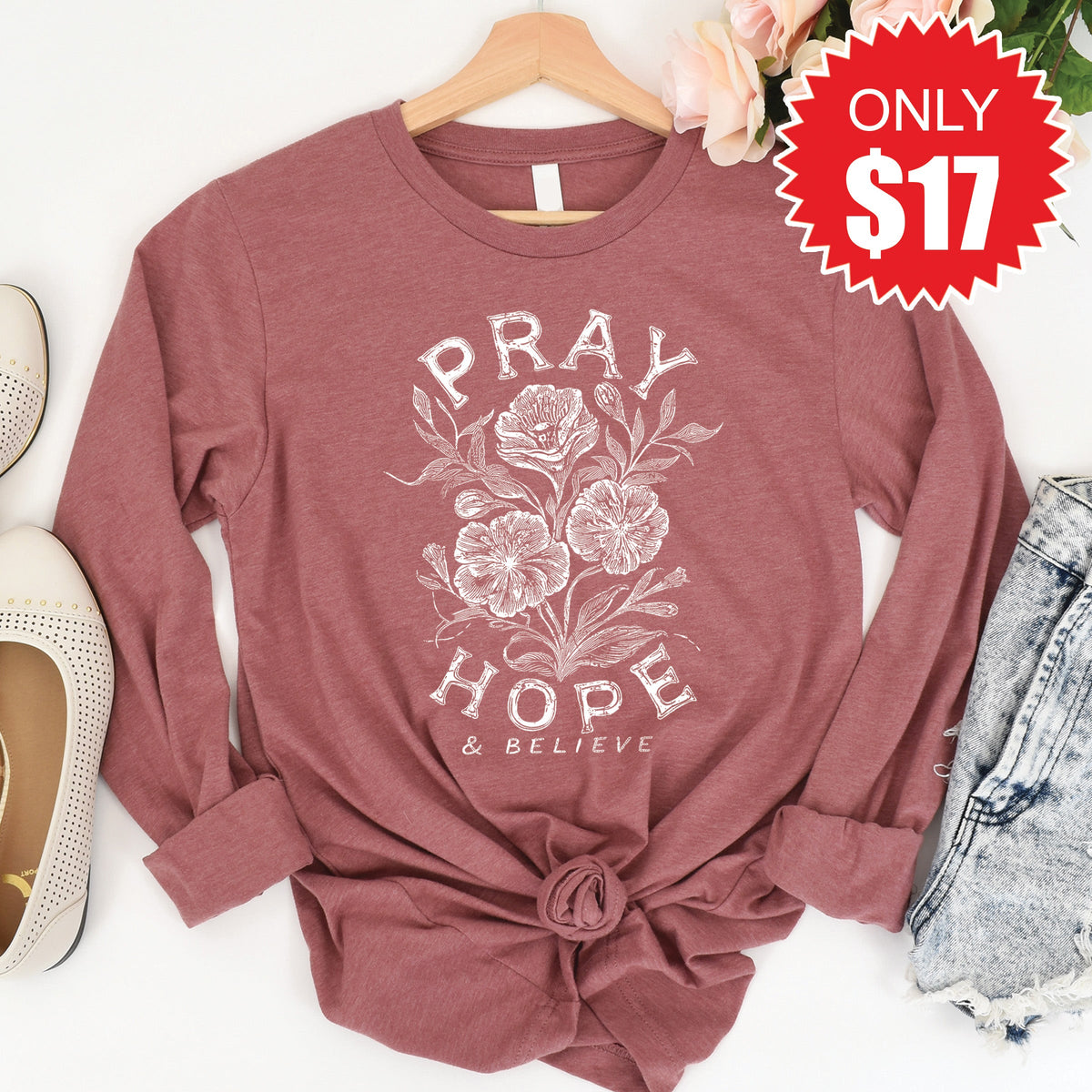 Pray Hope And Believe Long Sleeve - Heather Mauve - 17 product image 1