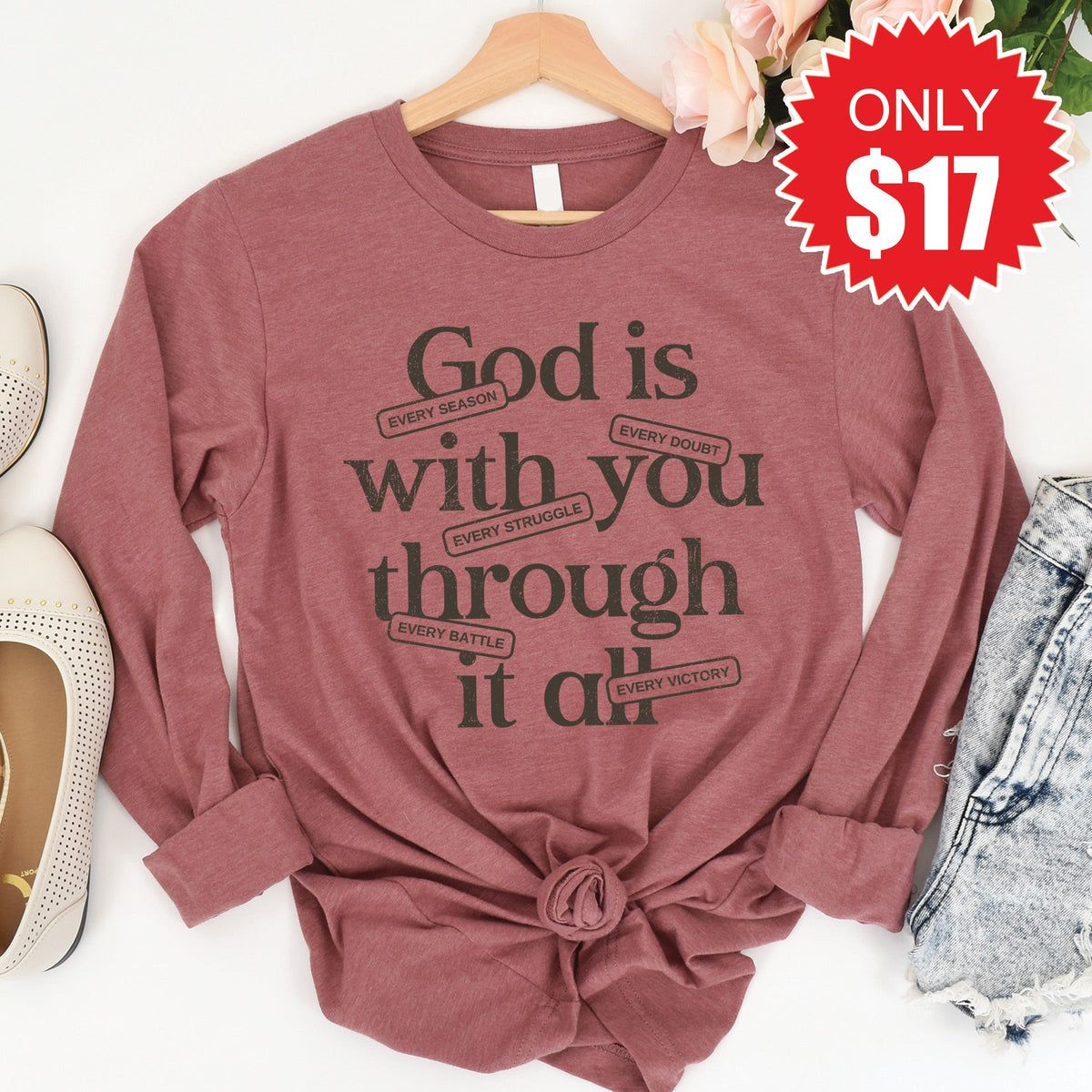 God Is With You Long Sleeve - Heather Mauve - 17 product image 1