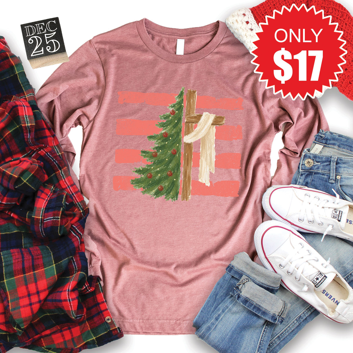 Cross and Christmas Tree Long Sleeve - Heather Mauve - 17 product image 1