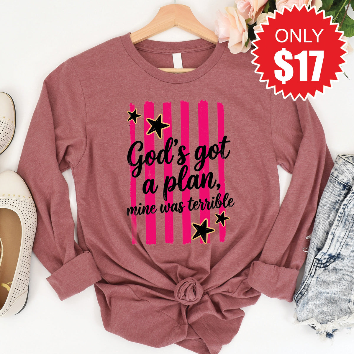 God's Got A Plan Long Sleeve - Heather Mauve - 17 product image 1
