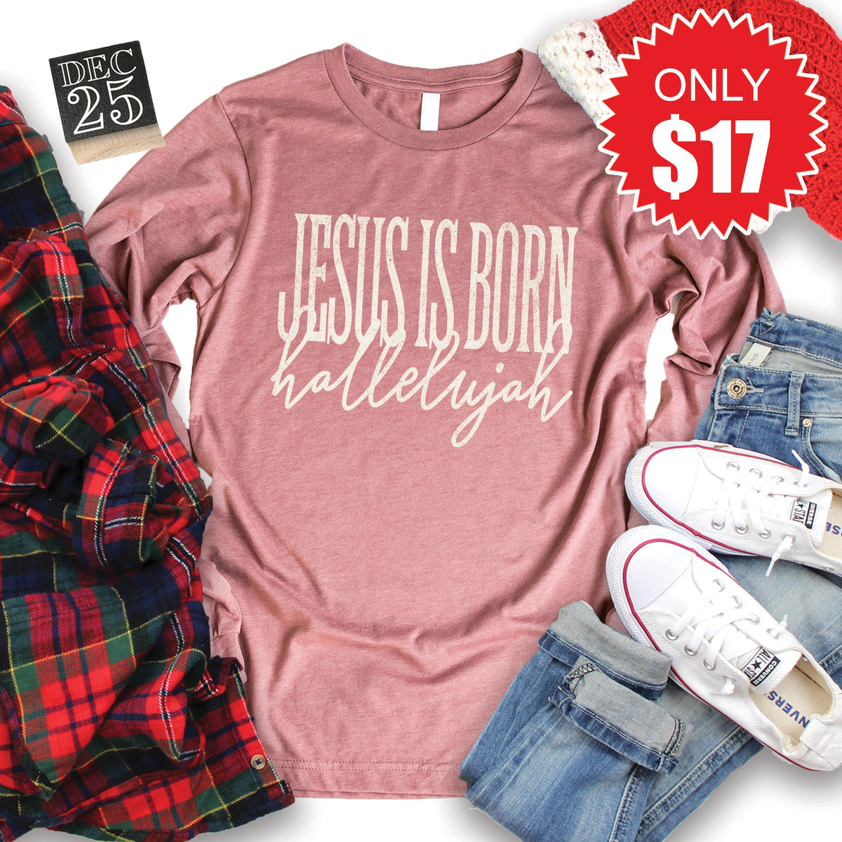 Jesus Is Born Long Sleeve - Heather Mauve - 17 product image 1