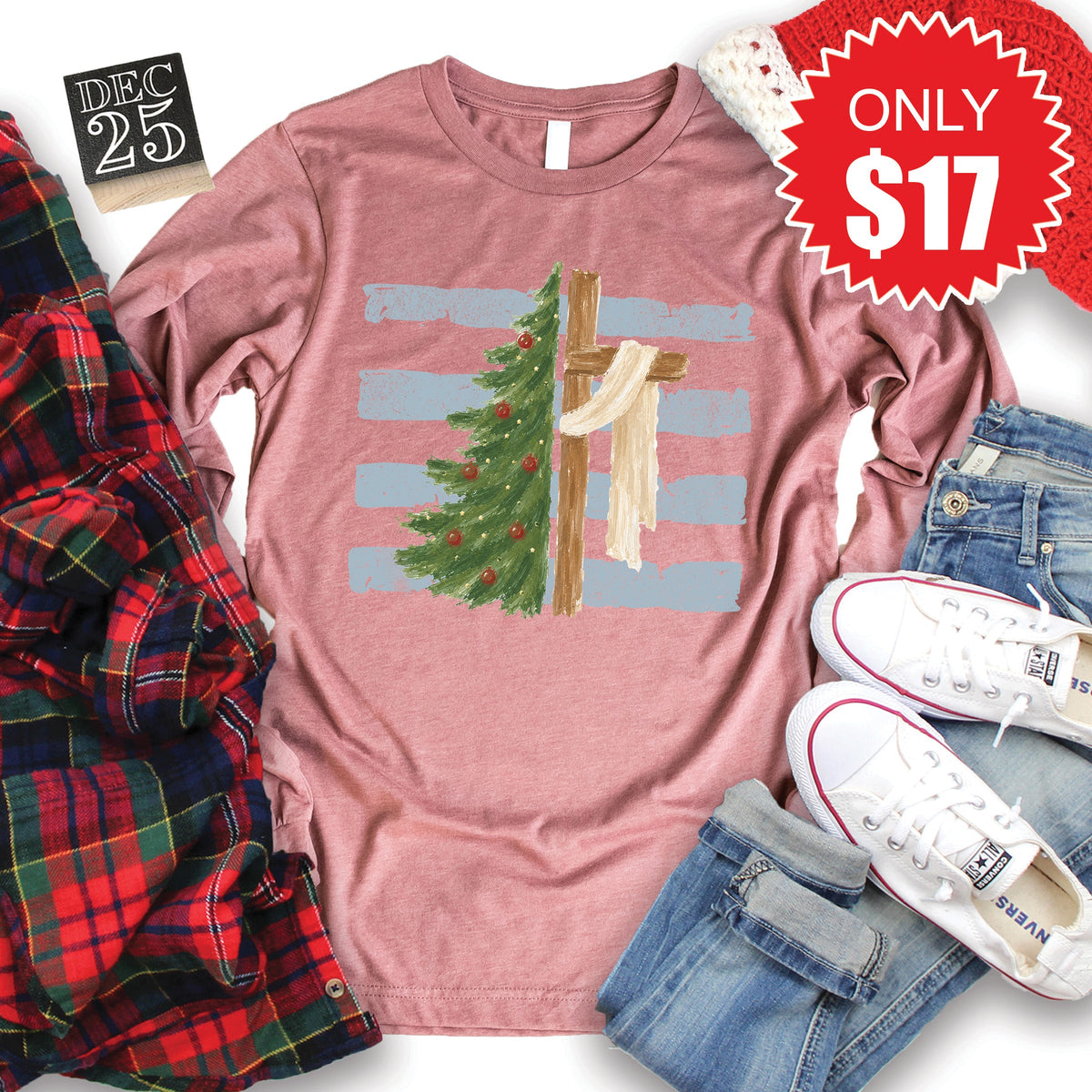 Cross and Christmas Tree Long Sleeve - Heather Mauve - 17 product image 1