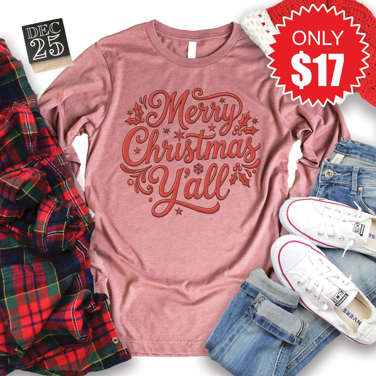 Merry Christmas Yall Long Sleeve - Heather Mauve - 17 product image 1