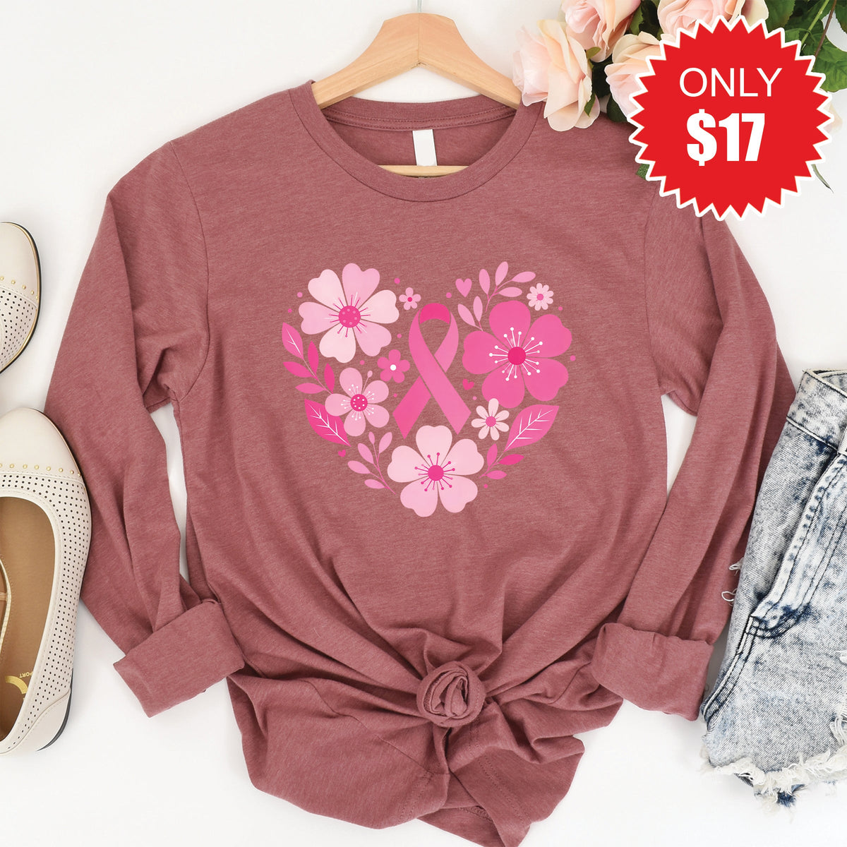 Pink Ribbon Floral Long Sleeve - Heather Mauve - 17 product image 1