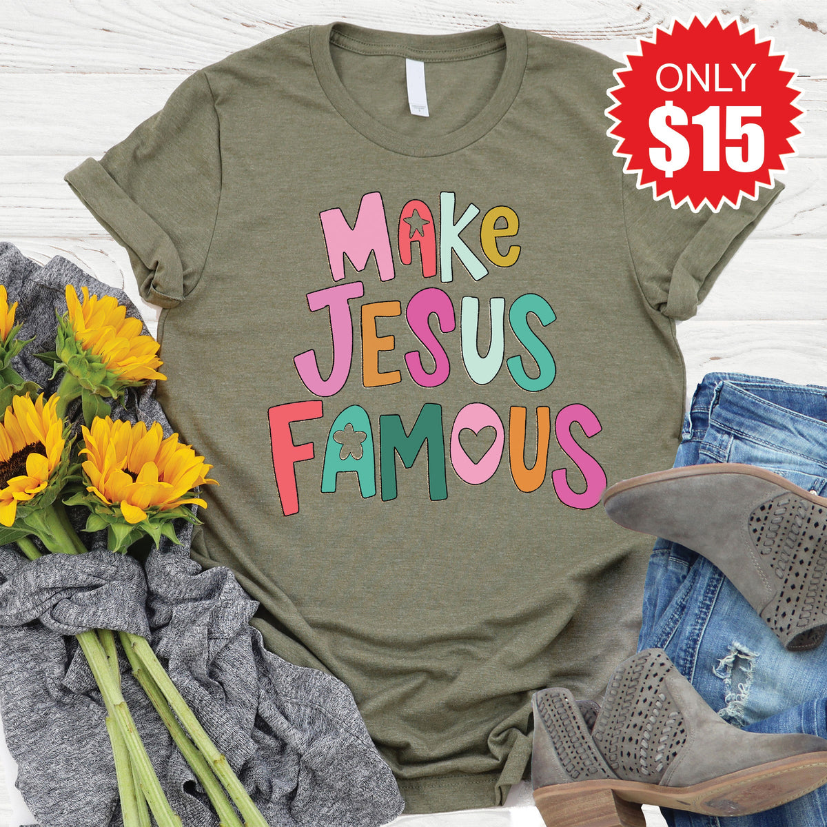 Make Jesus Famous Tee - Heather Olive - 15 product image 1