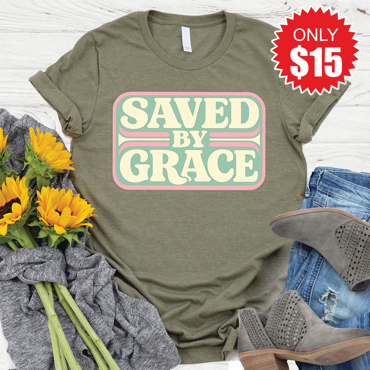 Saved By Grace Tee - Heather Olive - 15 product image 1