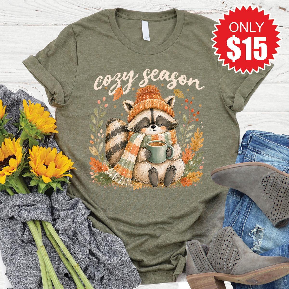 Cozy Season Raccoon Tee - Heather Olive - 15 product image 1