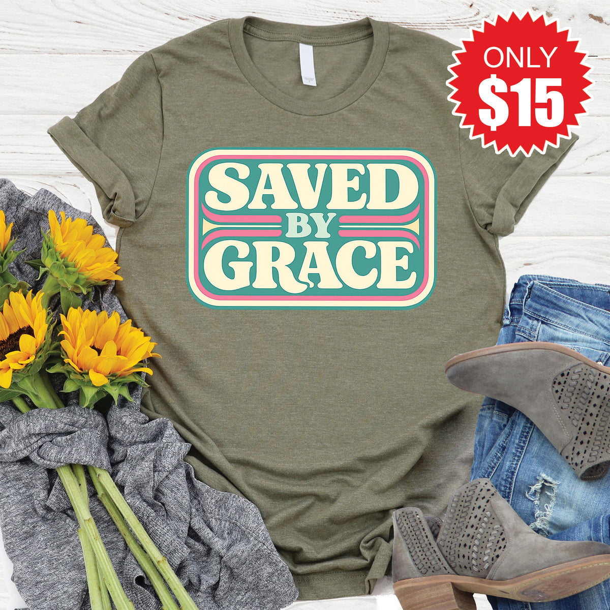 Saved By Grace Tee - Heather Olive - 15 product image 1