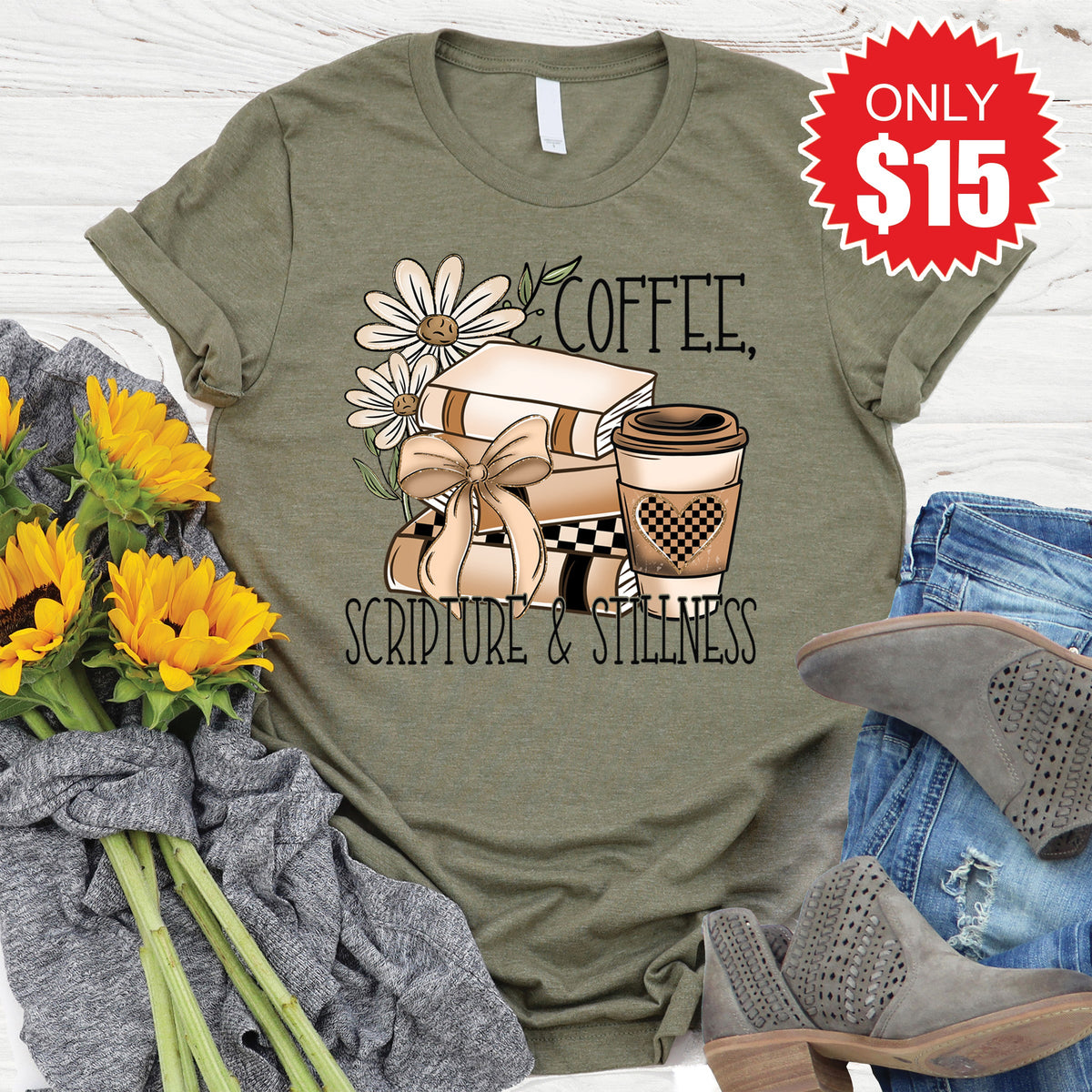 Coffee, Scripture and Stillness Tee - Heather Olive - 15 product image 1