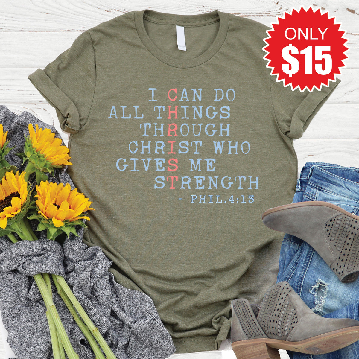Philippians 4:13 Tee - Heather Olive - 15 product image 1