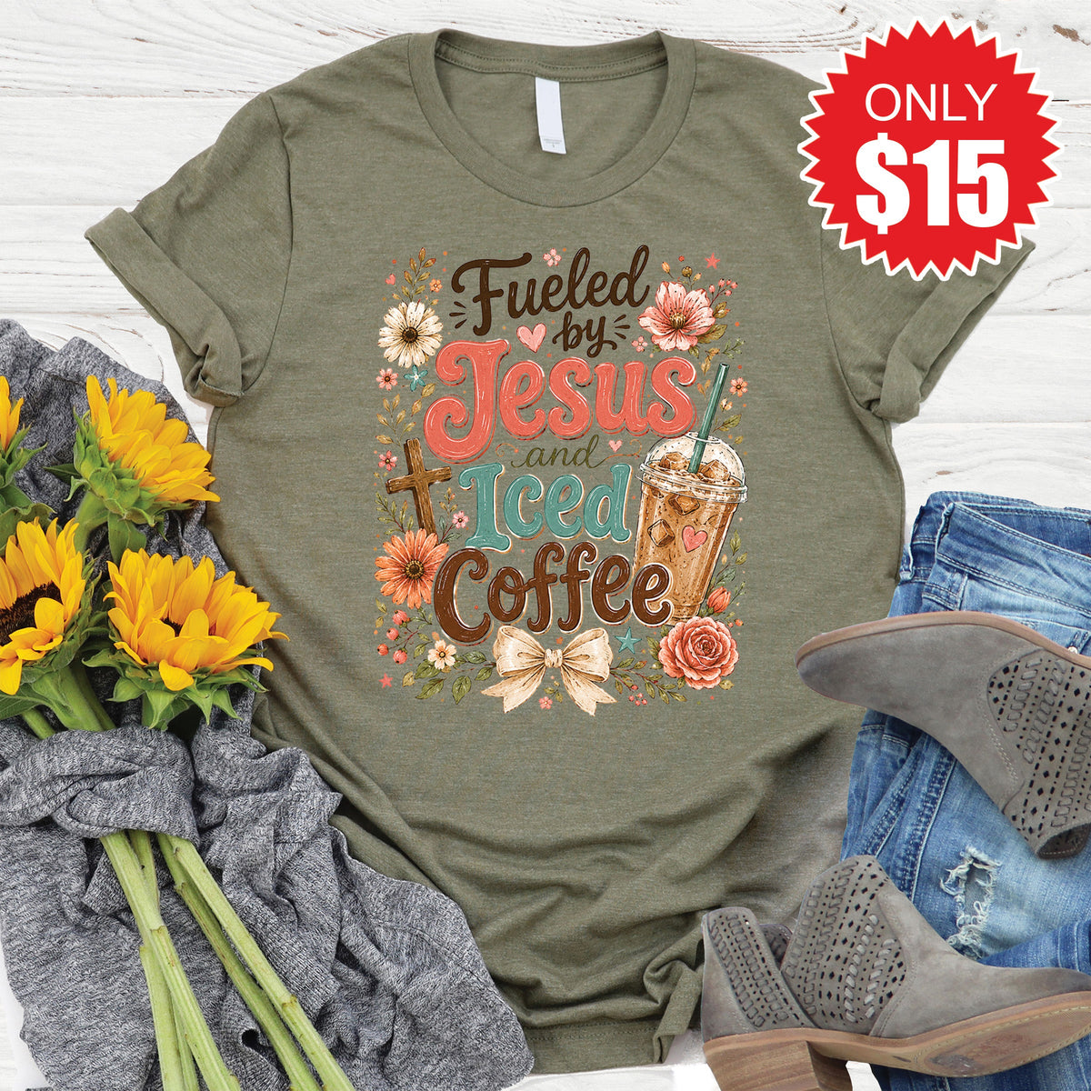 Fueled by Jesus Tee - Heather Olive - 15 product image 1