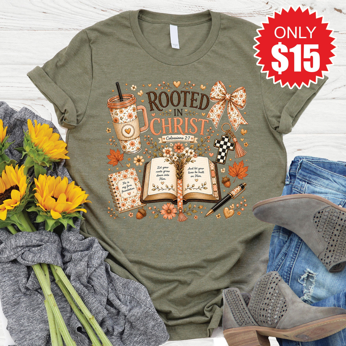 Rooted In Christ Tee - Heather Olive - 15 product image 1