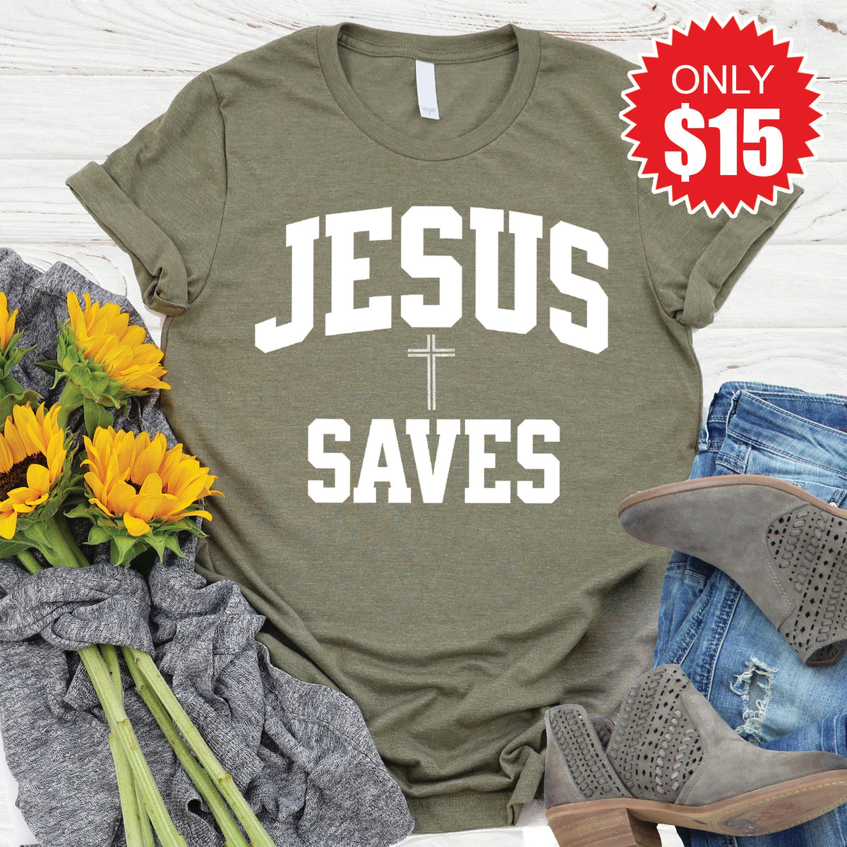 Jesus Saves Tee - Heather Olive - 15 product image 1