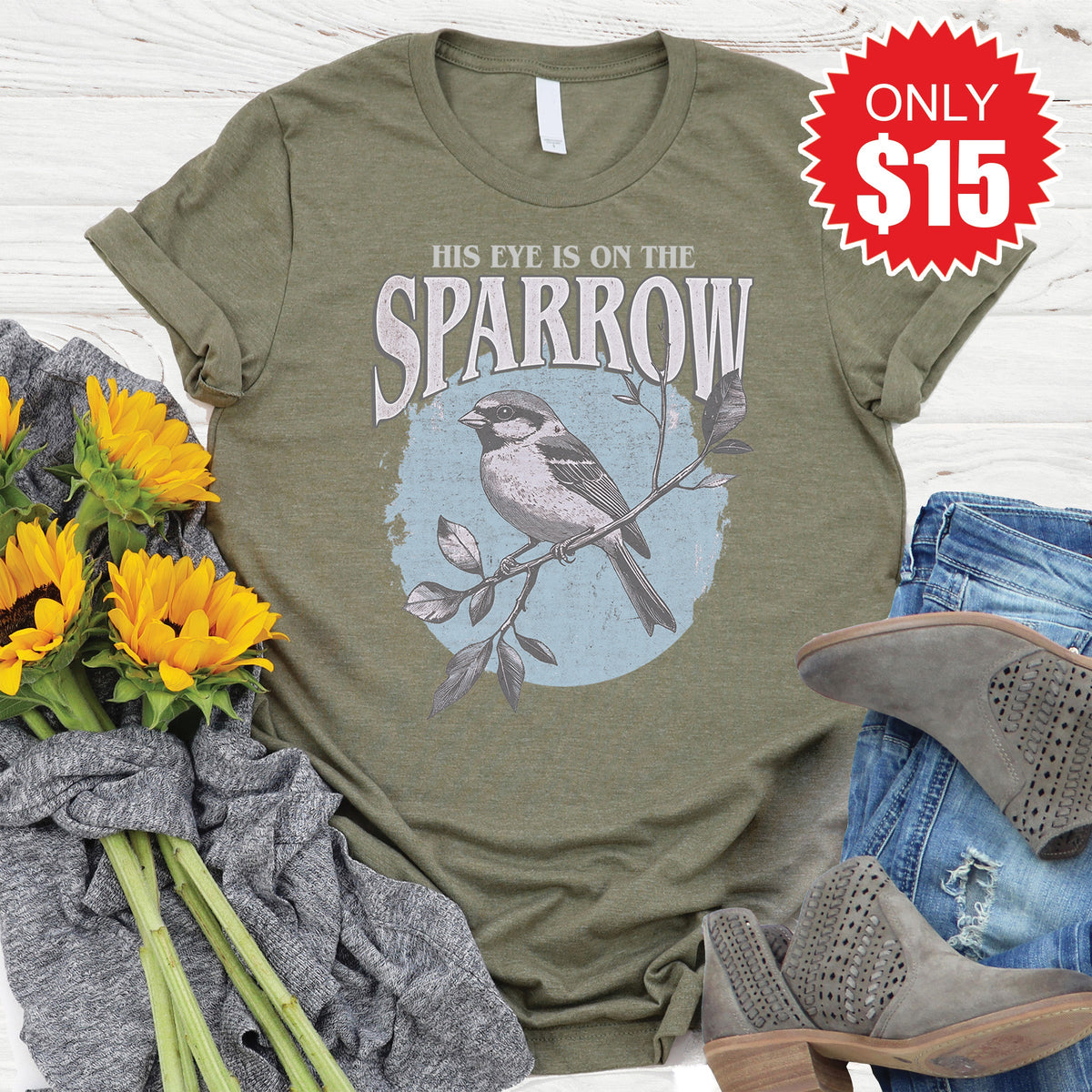 His Eye Is On The Sparrow Tee - Heather Olive - 15 product image 1