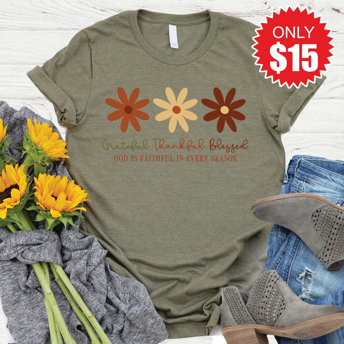 Grateful Thankful Blessed Flowers Tee - Heather Olive - 15 product image 1