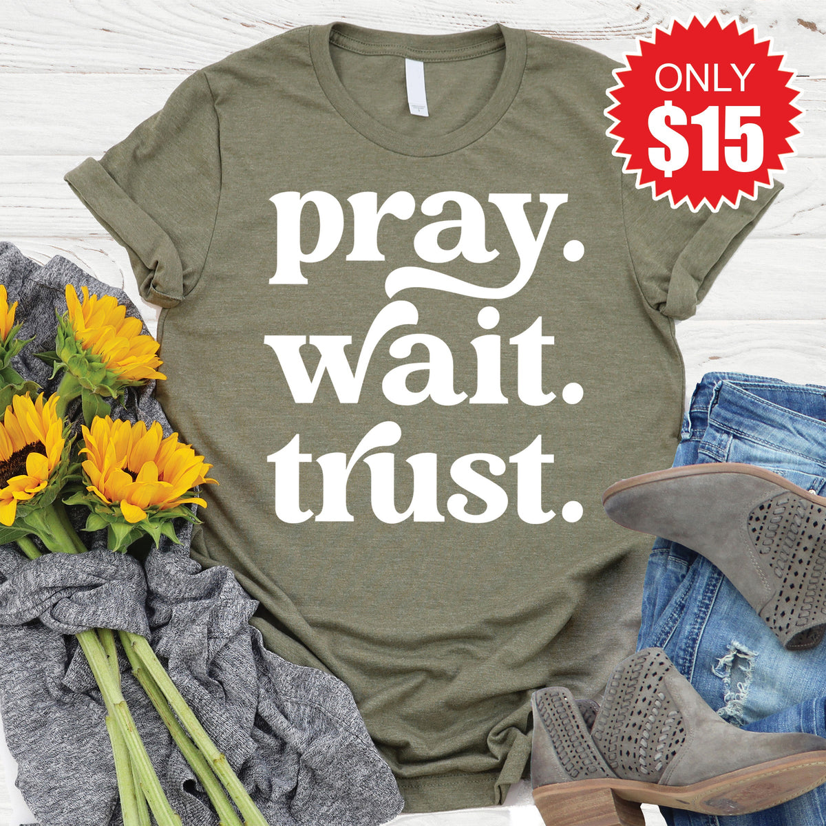 Pray Wait Trust Tee - Heather Olive - 15 product image 1
