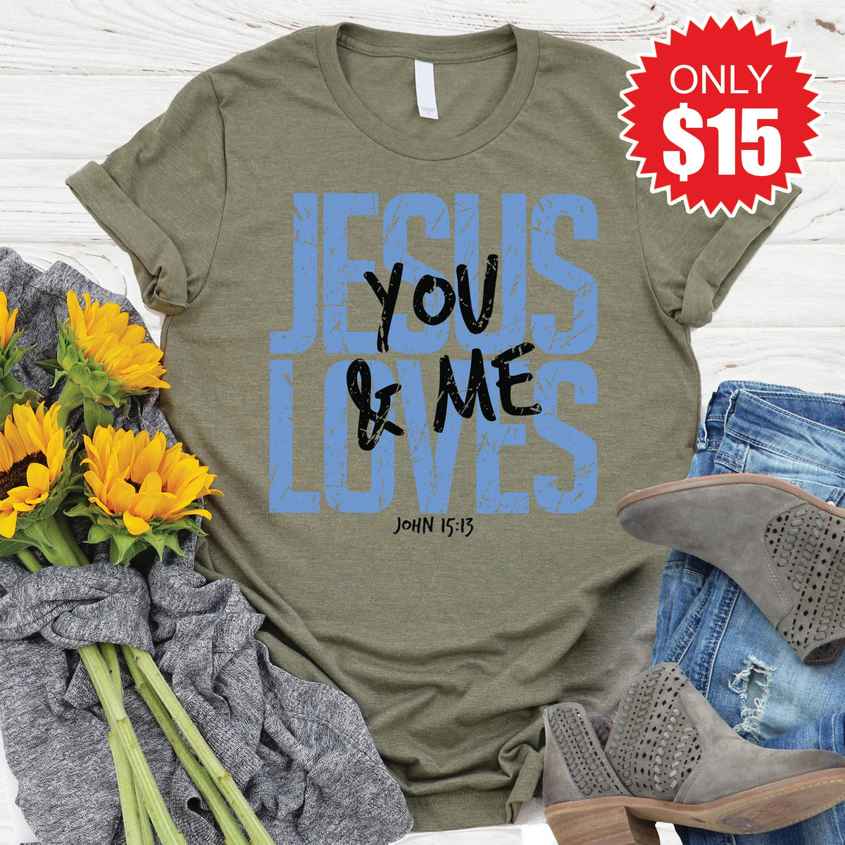 Jesus Loves You And Me Tee - Heather Olive - 15
