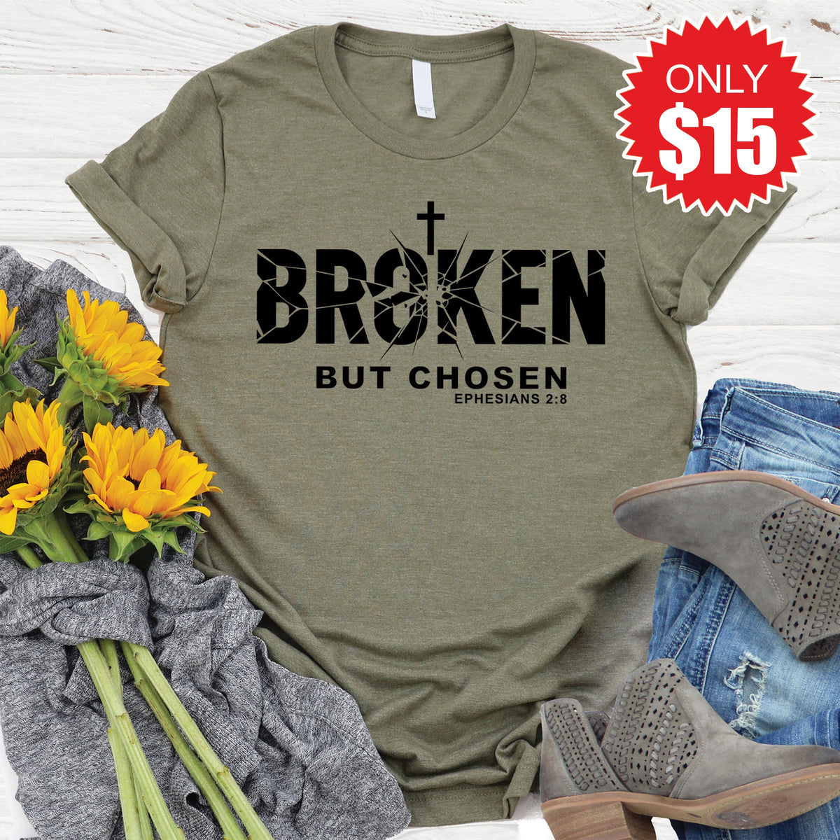 Broken But Chosen Tee - Heather Olive - 15 product image 1